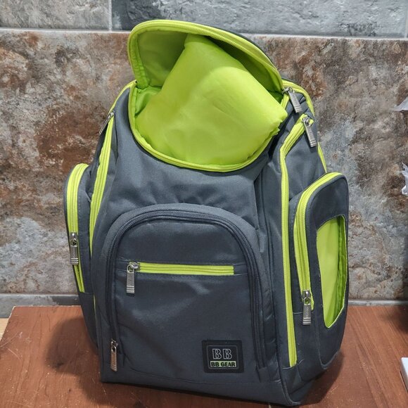 BB Gear Diaper Backpack Bag Gray Lime Green Zipper Accents - Picture 9 of 16
